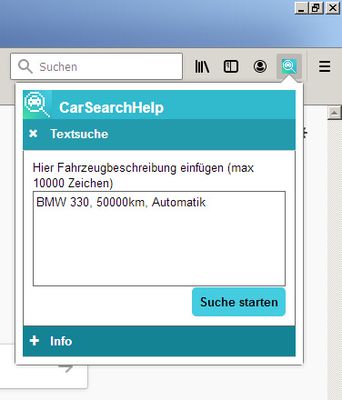Über ein Textfeld lassen sich Texte aus der Zwischenablage oder als Direkteingabe für eine Fahrzeugsuche verwenden.