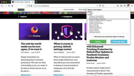 WebExtension adds a toolbar button and a menu to switch between user-agents