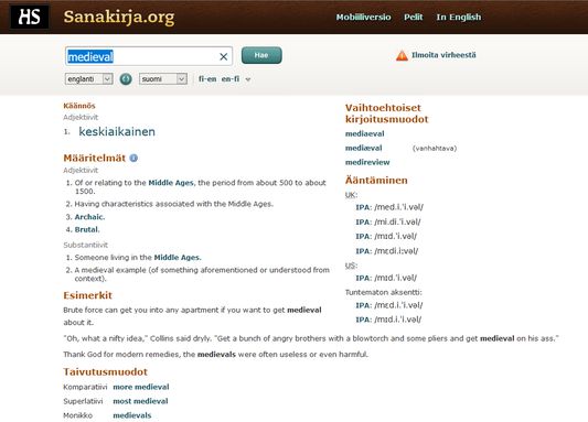 Clicking the menu option opens a tab with a list of translations provided by sanakirja.org.