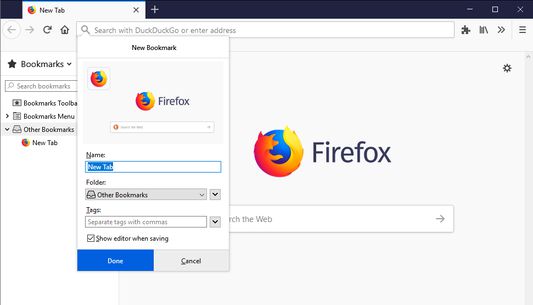 Firefox default. Bookmarks are stored in the "Other Bookmarks" folder.
