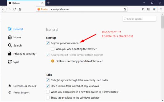Need enable restore Firefox session