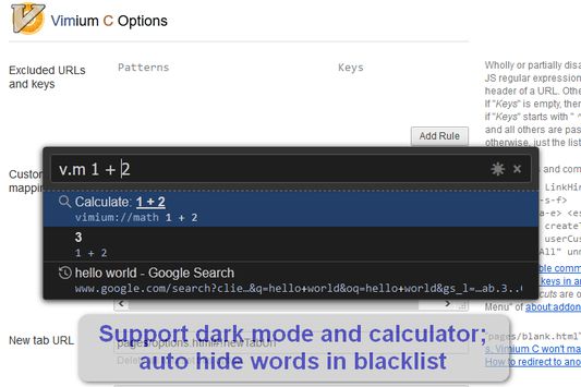 Supports dark mode and advanced usages like calculator, blacklist words and search words parsing