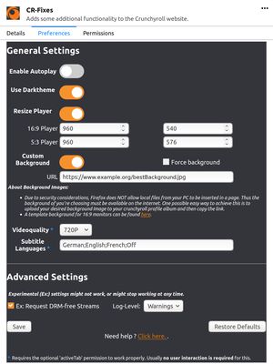 Settings page with exemplary settings.