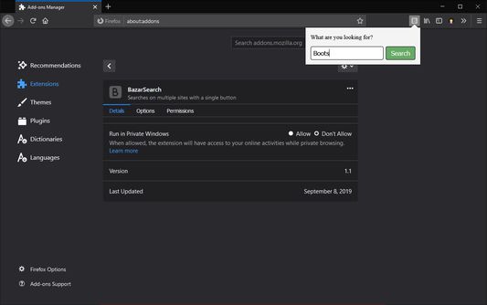 The main popup with a search field and a button
