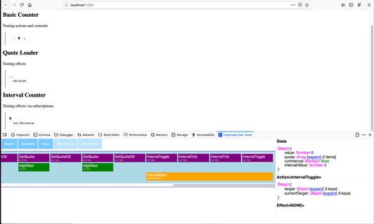 Hyperapp Dev Tools in action, observing actions, effects, and subscriptions.