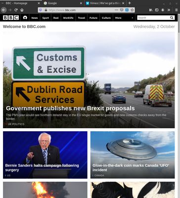 Visiting bbc.com shows a 1 in the URL bar. Clicking it, redirects to webcompat's github site and shows the bbc.com compatibility issue.