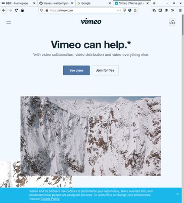 Vimeo has no known open issues so you see the extension logo in the URL bar instead of a number. Clicking the icon will still send you to the github page that has several closed webcompat issues