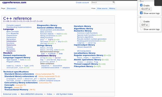 When C++17 is selected with version tags shown