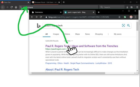 Chrome browser window with a pointer hovering over a link and an arrow leading to the address bar of a Firefox window
