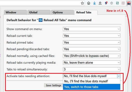 For Firefox 64+, options for the Reload All Tabs command. When reloading tabs that were generated using a POST request (such as submitting a form), you need to confirm that Firefox should submit again. This option will take you to those tabs automatically.
