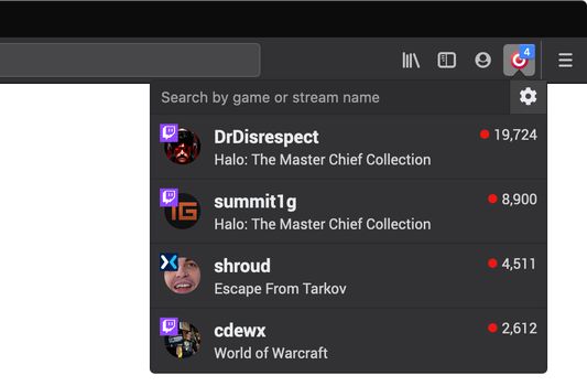 StreamLens popup, displaying your live followed streams