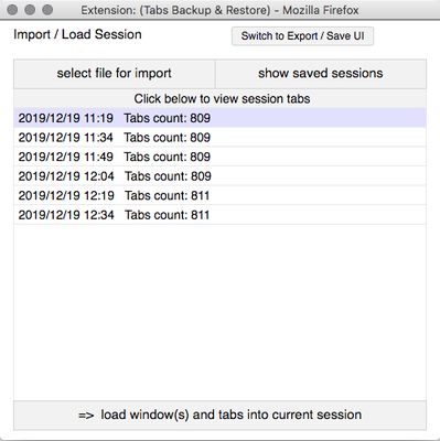 Import/Restore Session UI:  Auto-saved sessions list.  Click on a session to view windows and tabs of the session.  Or click on "select file for import" to import a session from disk.