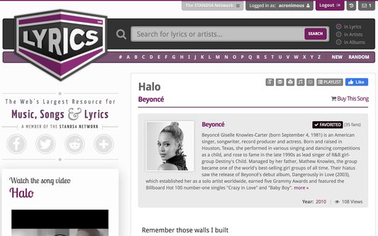 The Lyrics.com homepage where the actual lyrics will be displayed.