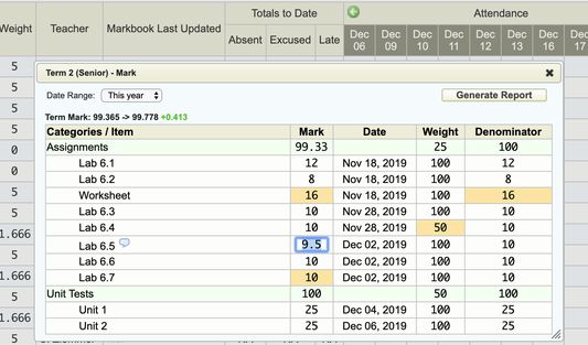 Live markbook editing