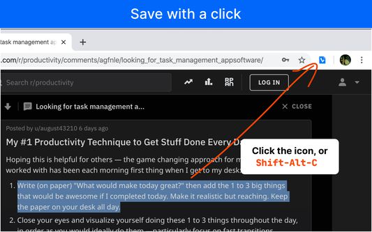 Click the Checkvist Web Clipper icon in the toolbar or press Shift-Alt-c to send the webpage link to Checkvist. Pre-selected text will be added as a note.