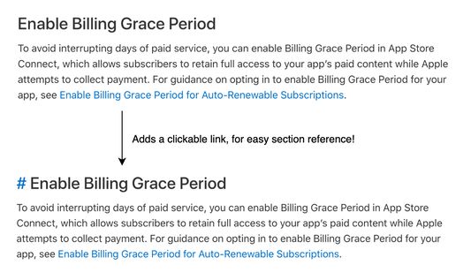 A screenshot demonstrating the addition of a link on a section heading, by the extension.