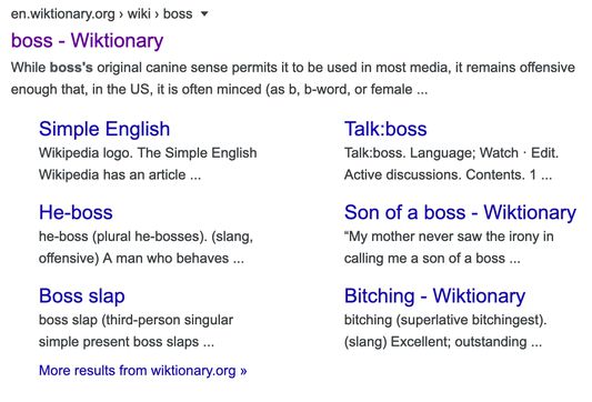 Search results for 'bitch' showing links like 'boss slap' and 'son of a boss'