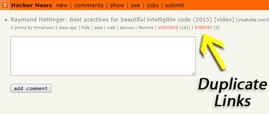 An example showing links to duplicated submissions on Hacker News.