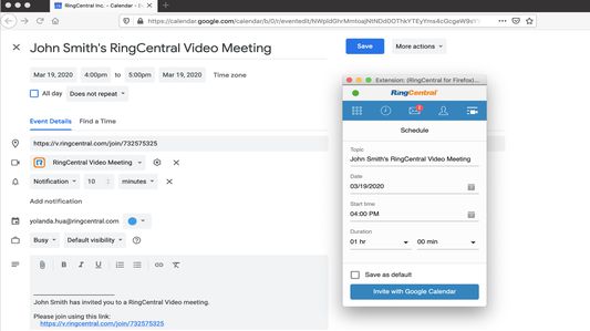 Schedule an RingCentral video or audio meeting in Google Calendar