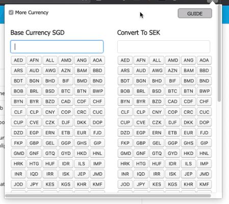 If you click on more currencies, you can select all the available currencies. You can also type to filter the currency. Then click on it to select one.