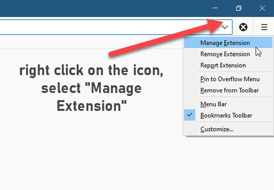 To change extension settings, right click on its icon the toolbar and select "Manage Extension"