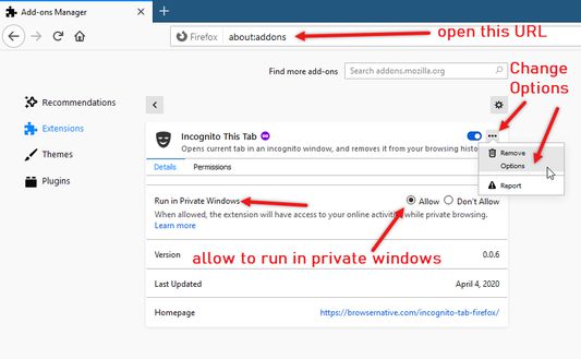 Allow "Run in Private Windows" + How to change extension options