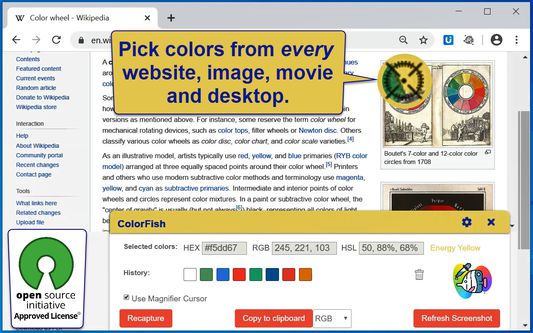 The open-source color picker can select colors from all websites, images, movies and even from your desktop.