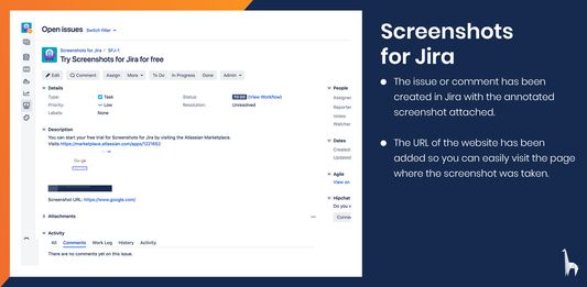 The issue or comment has been created in Jira with the annotated screenshot attached.

The URL of the website has been added so you can easily visit the page where the screenshot was taken.