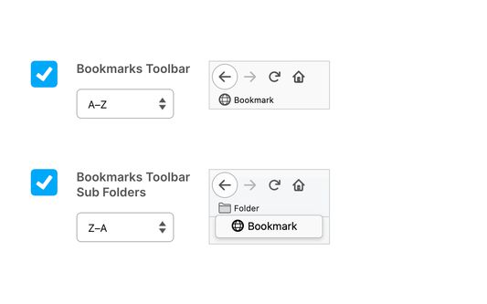 Two Bookmarks Toolbar sort options. One option showing an A-Z sort and the other showing Z-A.