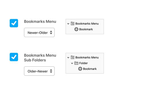Two Bookmarks Menu sort options. One option showing a Newer-Older sort and the other showing Older-Newer.