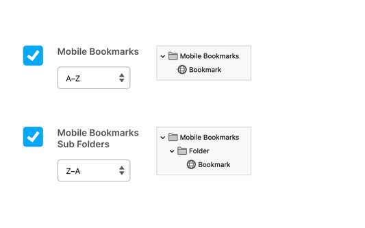 Two Mobile Bookmarks sort options. One option showing an A-Z sort and the other showing Z-A.