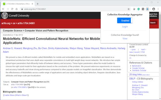When you navigate to some GitHub repository indexed by cKnowledge portal, you will see a blue neuron in your tab. Click on it and you will have a link to the cKnowledge.io dashboard with the related information about reusable components, portable workflows, SOTA scoreboards, etc.