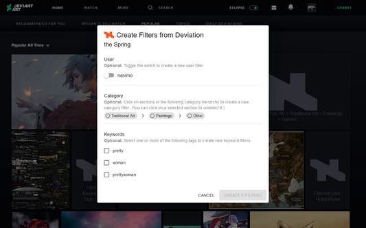 Screenshot of the filter creation modal