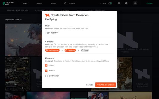 Screenshot of the filter creation modal after selecting a category and some tags