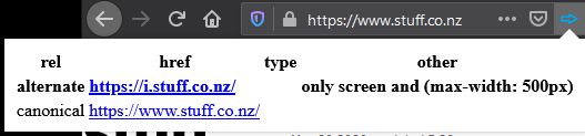 Relternate displaying <link rel="alternate" media=...> and <link rel="canonical"> entries for a page.