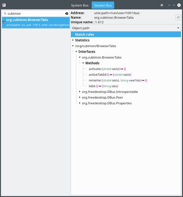 d-feet Screenshot showing the dbus interface.