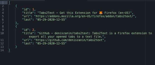 JSON file exported using Tabs2Text addon.