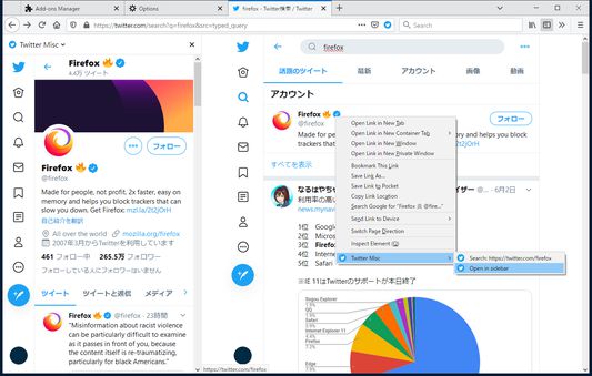 Open Twitter on the sidebar. If you open the context menu on a link in your Twitter page, open that link in the sidebar.