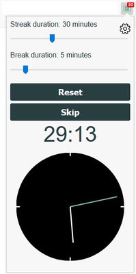 The clock popup gives you all the basic controls. Start, Reset, Skip, Pause, and Set the streak and pause timers.