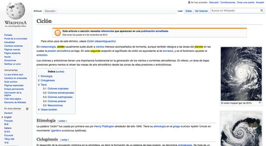 Vocab Explorer allows users to highlight text in any webpage, as shown here.

Source Attribution: [https://es.wikipedia.org/w/index.php?title=Cicl%C3%B3n&action=history  NOTE: original website modified]

License: [https://es.wikipedia.org/wiki/Wikipedia:Texto_de_la_Licencia_Creative_Commons_Atribuci%C3%B3n-CompartirIgual_3.0_Unported]