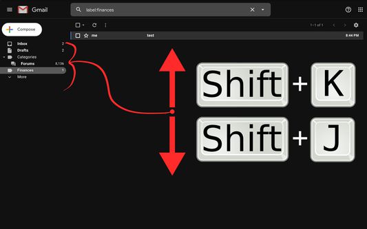 GMail, along with explanations of how the keyboard shortcuts affect the selected label