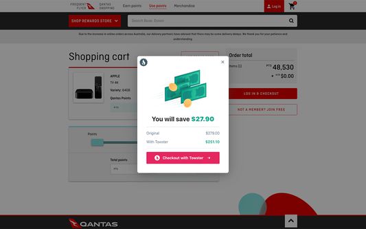 Towster after applying discounts to Qantas Rewards Store cart.