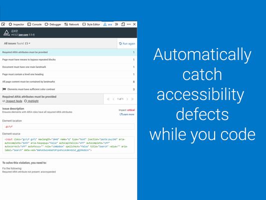 Automatically catch accessibility defects while you code. Screenshot of interface.