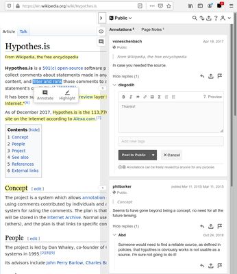 Annotating, viewing others' annotations and replying to them on Wikipedia.