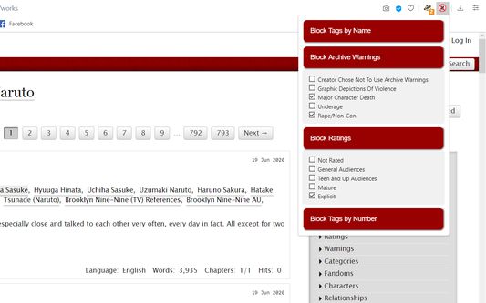 AO3 Tag Blocker interface, showing blocked warnings and ratings.