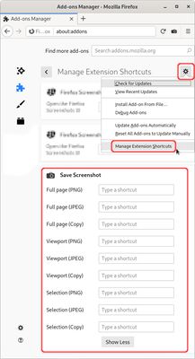 In the "Manage Extension Shortcuts" area within the Add-ons Manager of Firefox, you can configure individual shortcuts for every type of screenshot and output format for fast access.