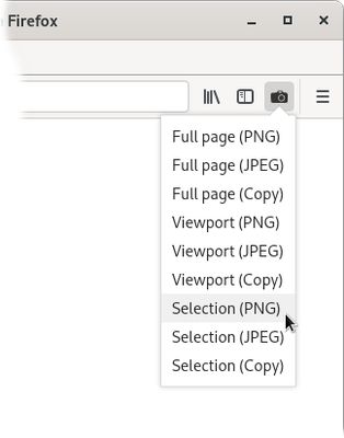 This Add-on provides a toolbar button which pops up a menu with screenshot options. This is how the popup looks directly after installation. The visible items can be configured to match your needs.