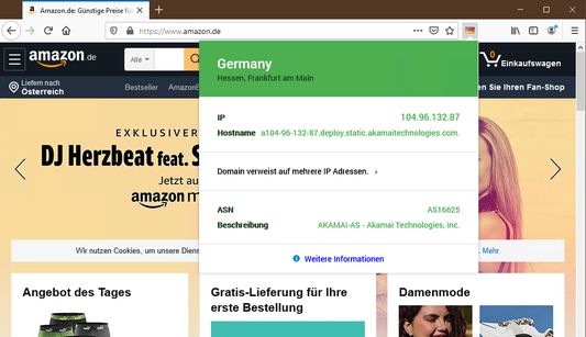 Die Website amazon.de befindet sich in Deutschland, wird mit Akamai bereitgestellt und verweist auf mehrere IP-Adressen.