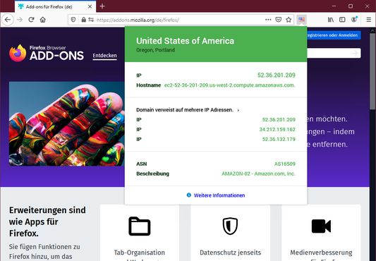 Sieh Informationen zum Standort der Website, während im Internet gesurft wird. addons.mozilla.org befindet sich in den USA, wird von Amazon gehostet und verfügt über mehrere IPv4-Adressen.