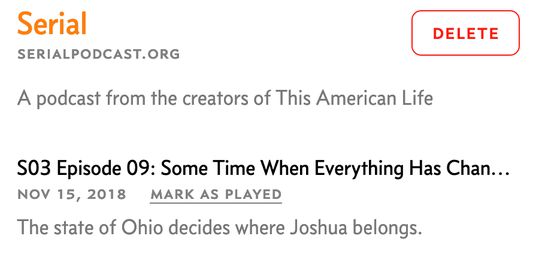 A list of episodes on Overcast.fm for the popular Serial podcast, with a "Mark as Played" link displayed next to the episode date.